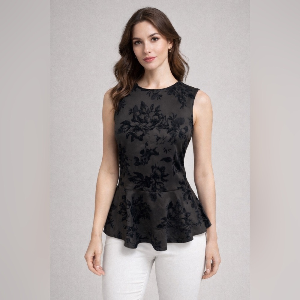 Bobeau Velvet Burnout Floral Peplum Top | Size M